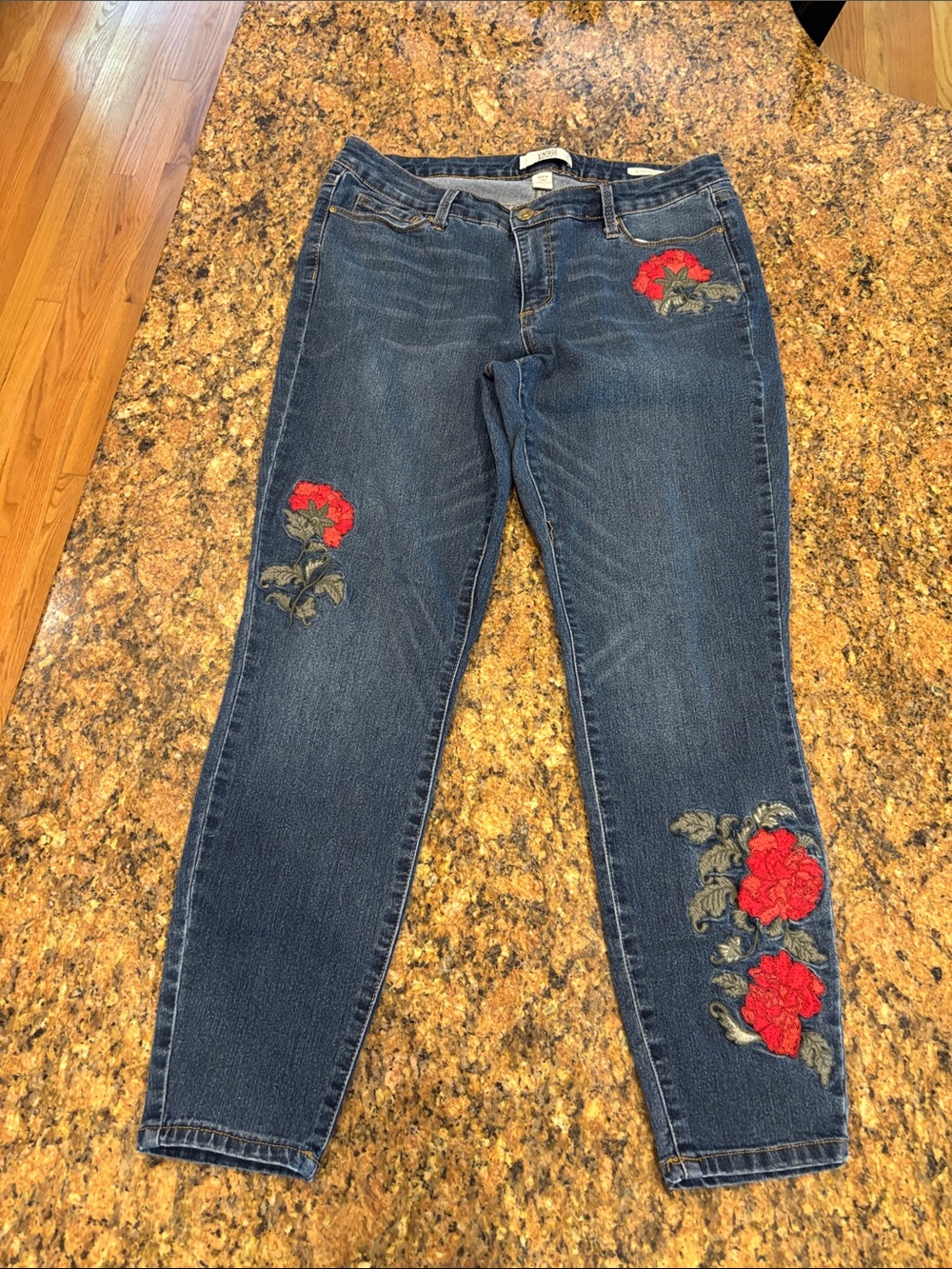 Vintage America Dark Blue Skinny Boho Jeans with Contrast floral Stitching